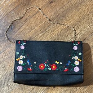 Jessica McClintock Black Clutch with Colorful Floral Embroidery